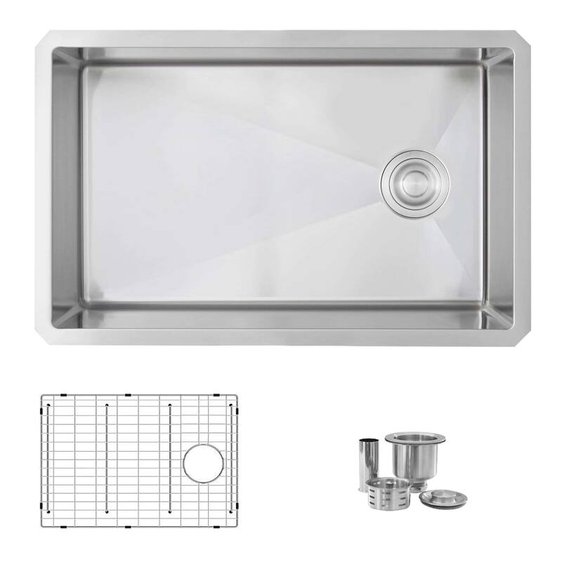 AZUNI 28 inches L x 18 inches W Single Bowl Undermount 16G Reversible Kitchen Sink with Grid and Basket Strainer C128