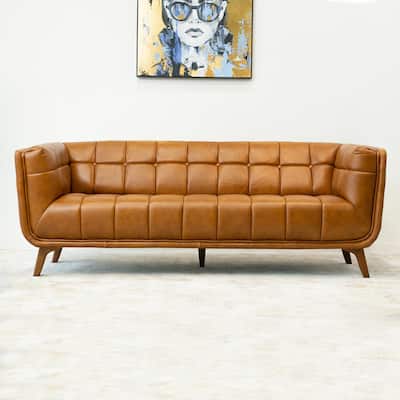Corbin Mid Century Modern Tufted Back Genuine Leather Sofa in Cognac Tan