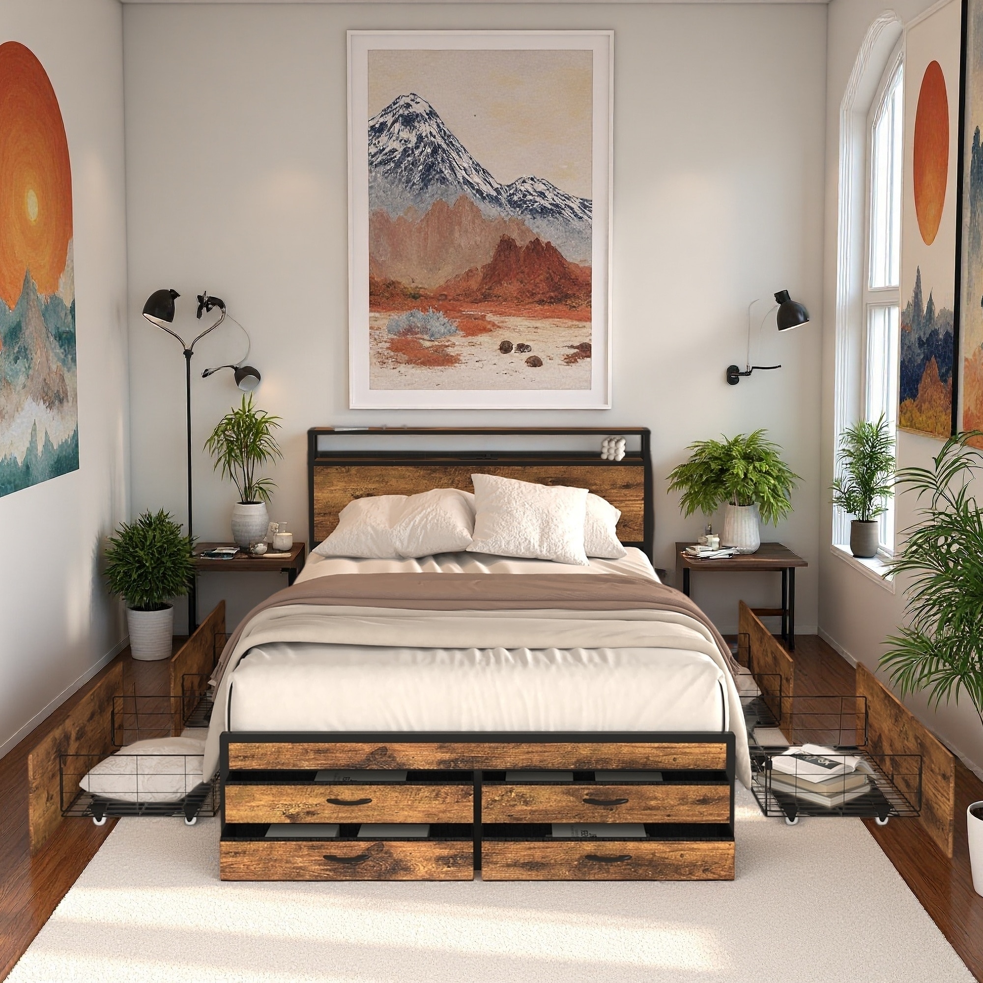 Metal Storage Bed Frame with 8 Storage Drawers and LED Headboard