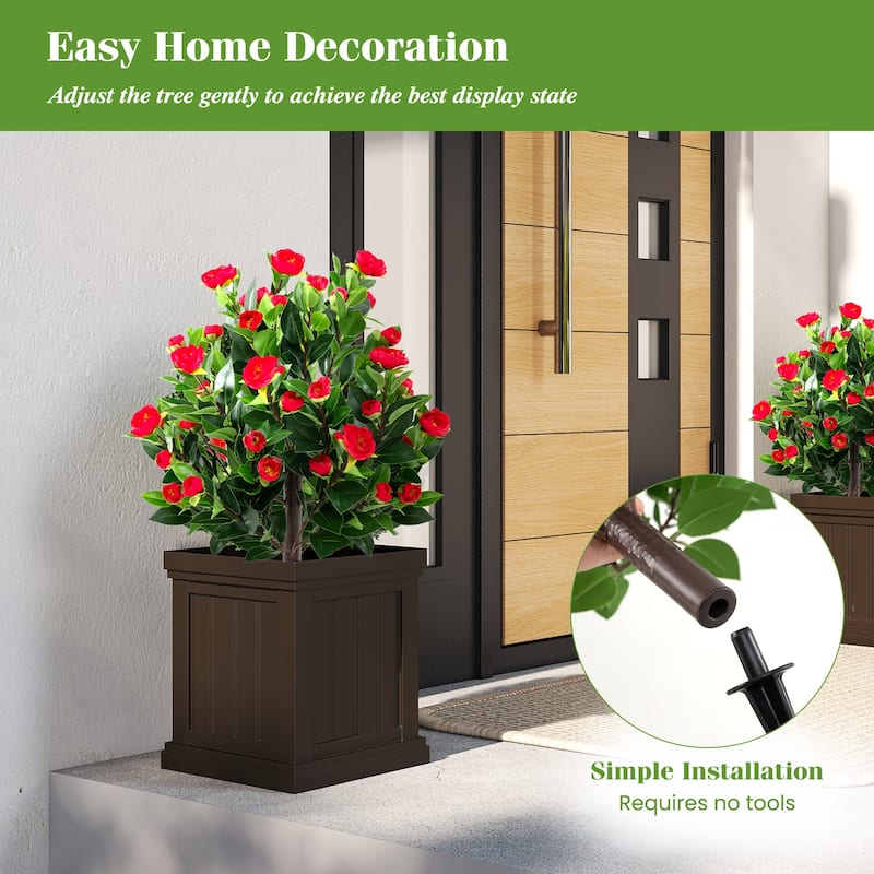 Artificial Camellia Tree Set of 2 with Red Flowers and Green Leaves for Indoor Outdoor Decor - 31"