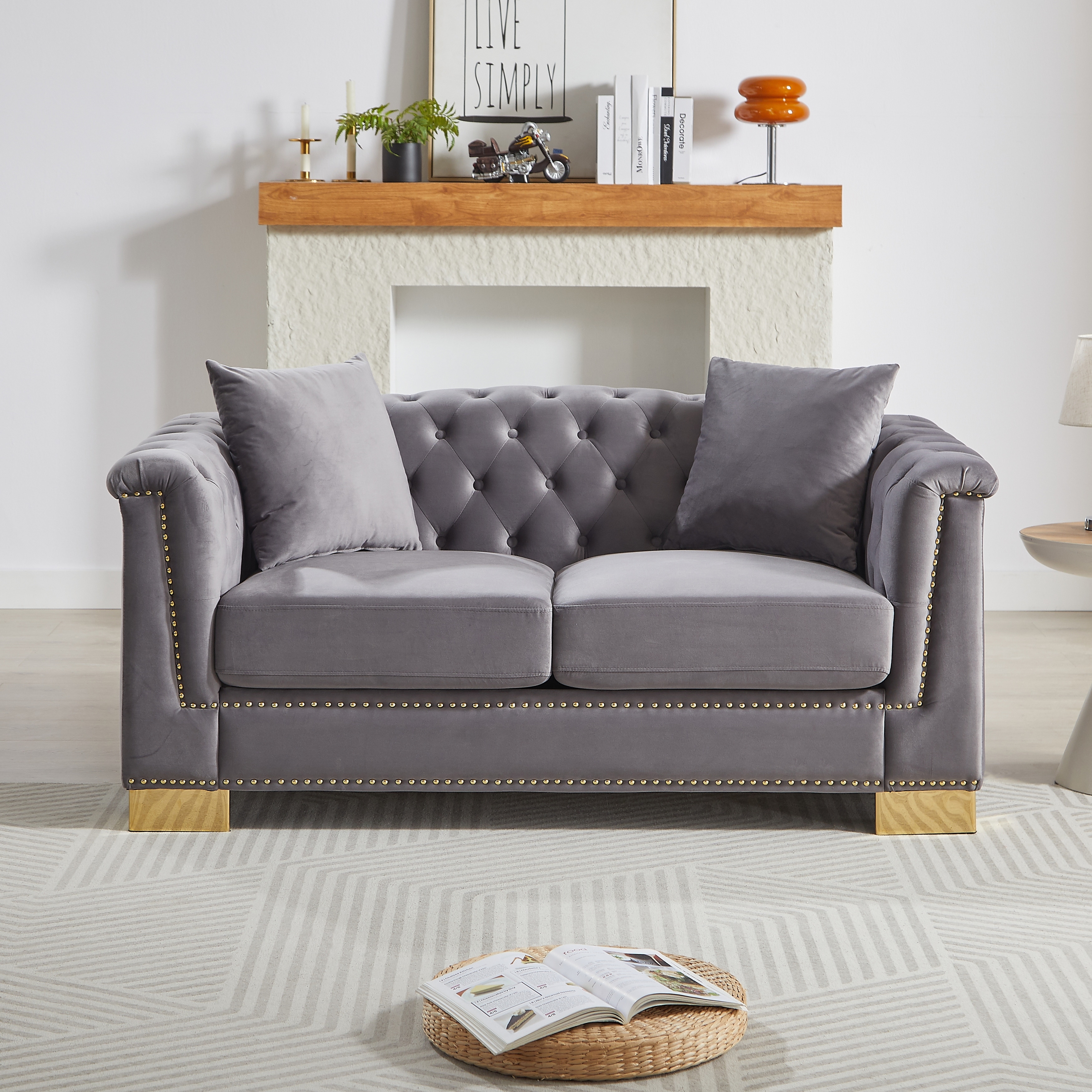 GDFStudio - 62" 2-Seat Pine Wood Velvet Chesterfield Cloud Loveseat Sofa with Tufted Nailhead Rolled Arms