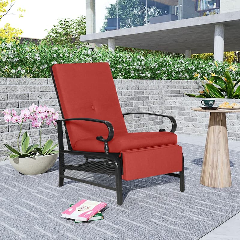 Outdoor Metal Patio Adjustable Recliner Lounge Chair & Bistro Table Set, Retractable Steel Frame and Removable Thick Cushion