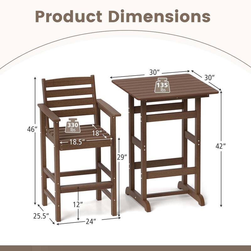 Costway 3-Piece Patio HDPE Bar Set Armchairs with Square High-Top - See Details