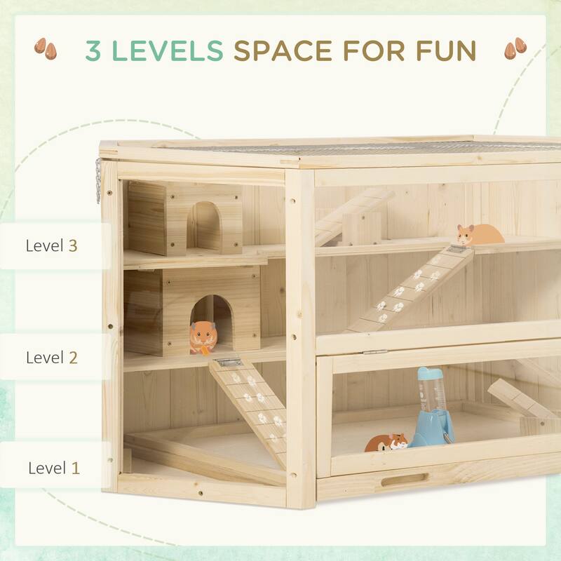 Large 3-Tier Hamster Cage with Clear Walls and Solid Wood Frame Toys and Hideouts for Small Pets - 45.25" L x 23.5" W x 21.75" H