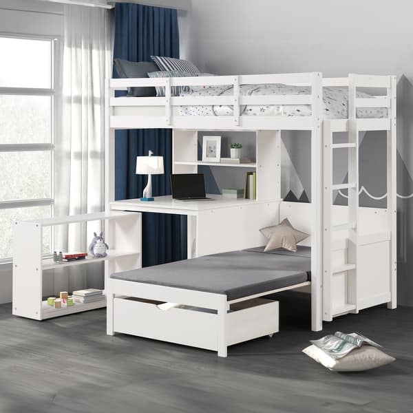 slide 2 of 9, Furniture of America Aurelian Modern Twin 4-in-1 White Solid Pinewood Loft Bed with Bookcase, Desk and Convertible Bench White