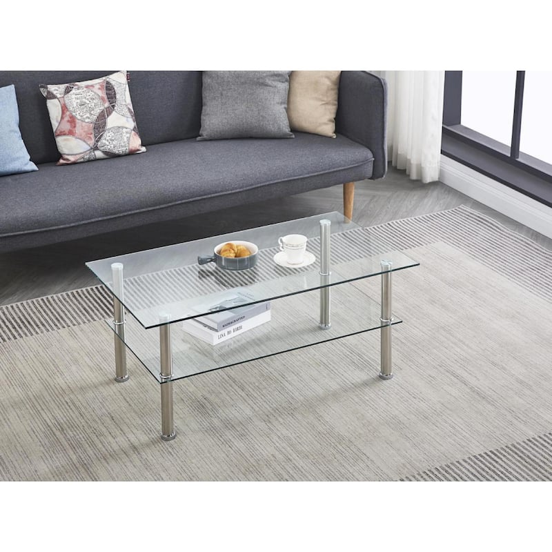Modern 2-Layer Space Coffee Table with Storage Shelve - Clear - Glass