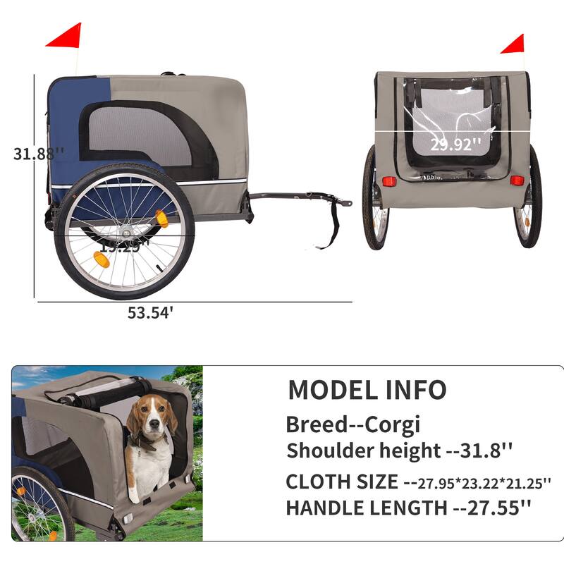 Durable Dog Bike Trailer with 20-Inch Wheels, Zippered Mesh Doors, and 88lb Capacity