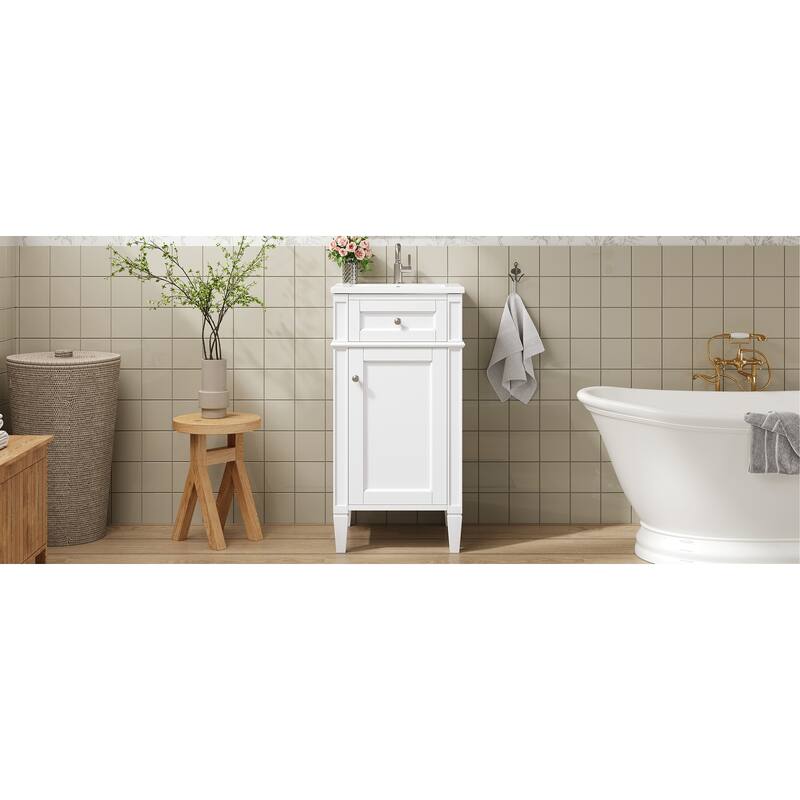 16" Bathroom Vanity with Ceramic Sink, Freestanding Single Vanity Set with Soft Closing Door, Adjustable Shelf, French Style