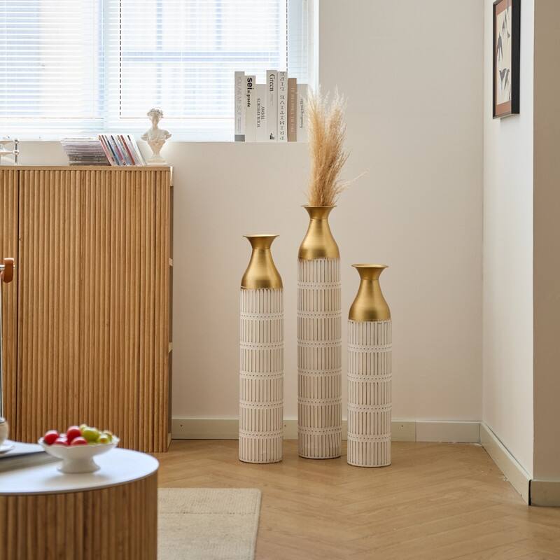 Set of 3 Tall White & Gold Metal Cylinder Vases - Glam Geometric Floor Vases for Modern Home Decor (24", 28.7", 33.4" Heights)