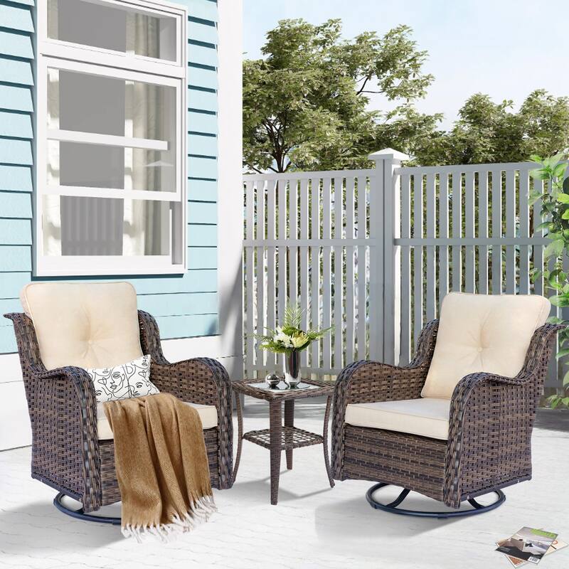 3 Piece High Back Outdoor Wicker Patio Conversation Swivel Chairs Set - Beige-Brown Wicker