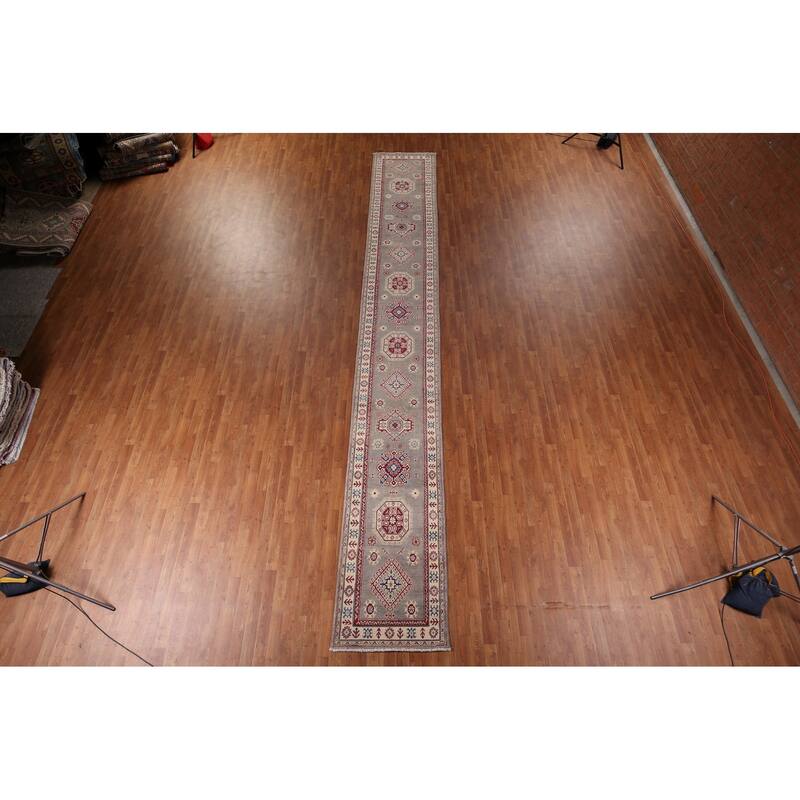 Gray Geometric Kazak Runner Rug Handmade Oriental Wool Carpet - 2'8" x 19'5"