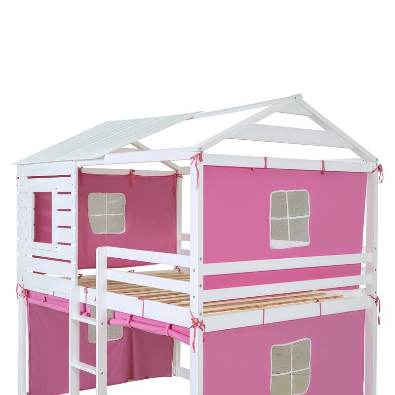 Pink+White Full Size Solid Wood House Bunk Bed with Tent, Ladder and Fence for Kids, Bedroom