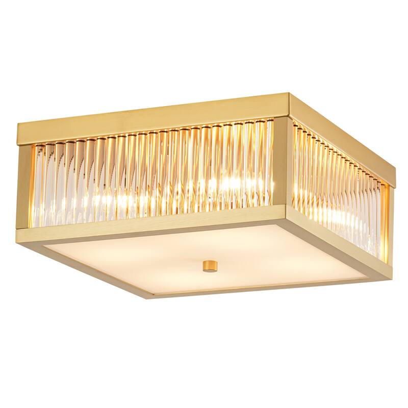 12.2 in. 4-Light Industrial Black/Gold Square Flush Mount Ceiling Light with Clear Glass Rods
