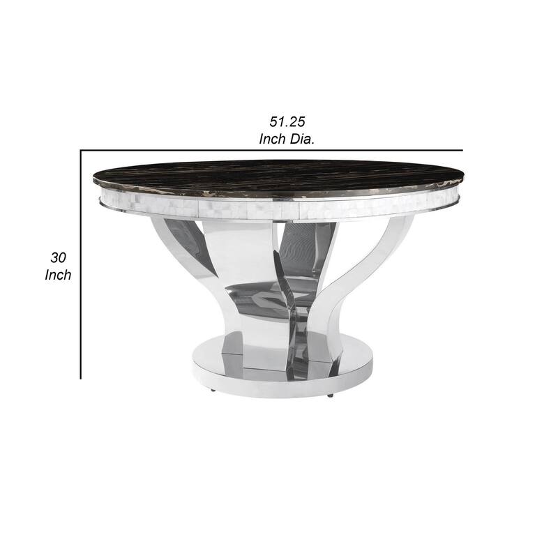 51 Inch Round Dining Table, Marble Top, Glass Tiles on Edge, Chrome Base