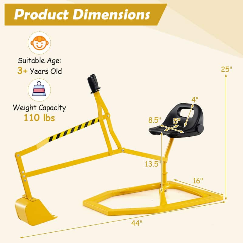 Yellow Sturdy Metal Sand Digger Toy with 2-Hand Controls and Ergonomic Seat for Kids - 44" x 16" x 25"