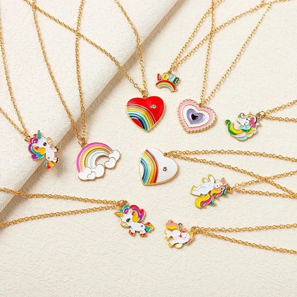 slide 2 of 5, 14 Pcs Valentine's Day Cute Necklaces for Teen Girls, Featuring Love Heart Shapes, Unicorns, and Rainbows, with 10 Unique Design