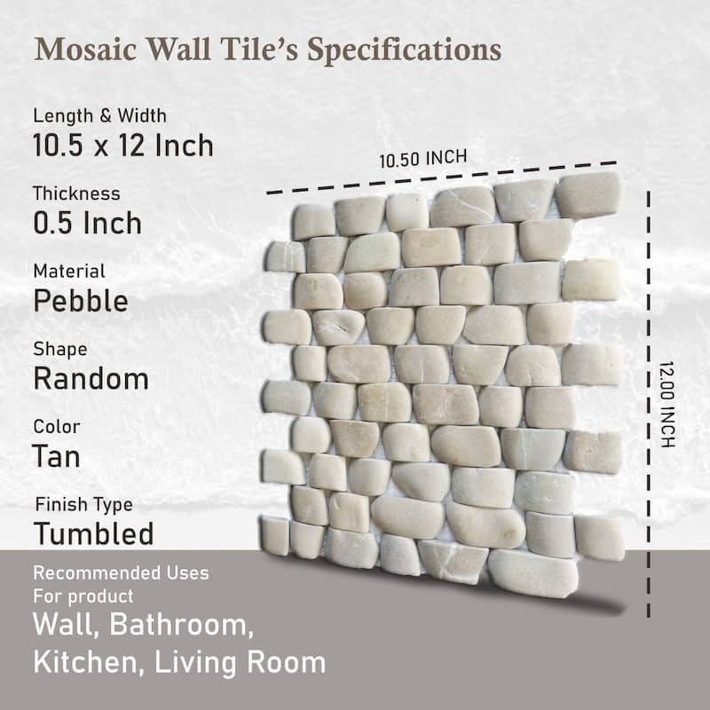Strip Tan Pebble Mosaic Tiles for Backsplash Kitchen and Bathroom Wall (10.5" X 12") 5 tiles per case - Case (5 Tiles)