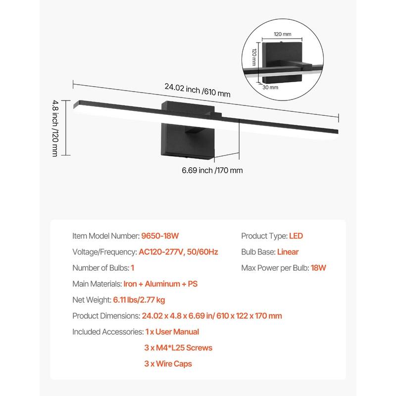 18W LED Bathroom Vanity Light Bar with 6000K Bright Over Mirror Fixture Waterproof IP44 Wall Lamp - N/A
