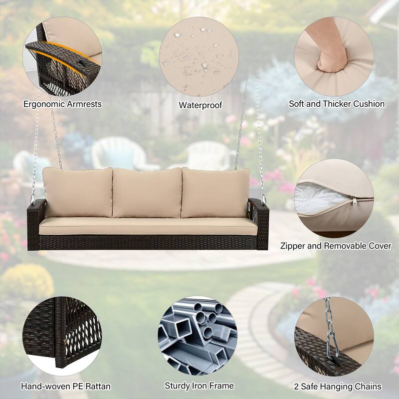 69" PE Wicker 3-Person Porch Swing - Large Outdoor Swing Bench with Cushions & Chains for Garden, Poolside & Patio