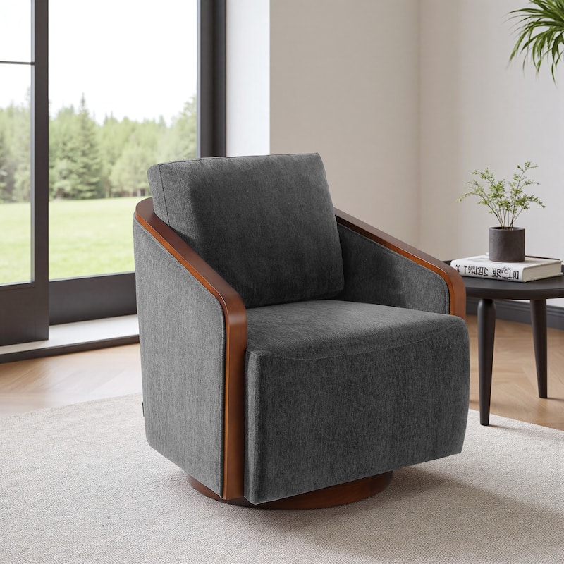 Upholstered Swivel Barrel Chair with Curved Wood Arms
