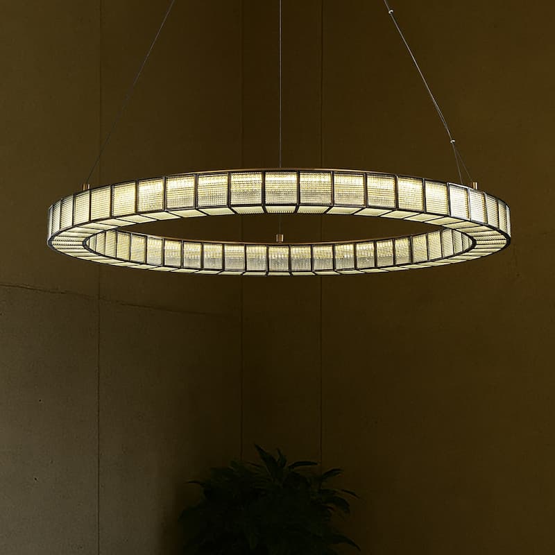 32'' Modern Halo Round Art Glass Integrated Led Chandelier Brass Art Deco Led Ceiling Light For Dining Room Living Room - W32''