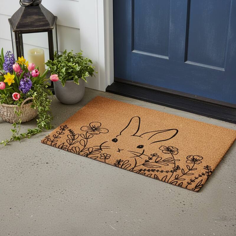 HomeRoots 17" X 29" Brown And Black Bunny Floral Outdoor Coir Door Mat - 17.00' X '29.00 - 17.00' X '29.00