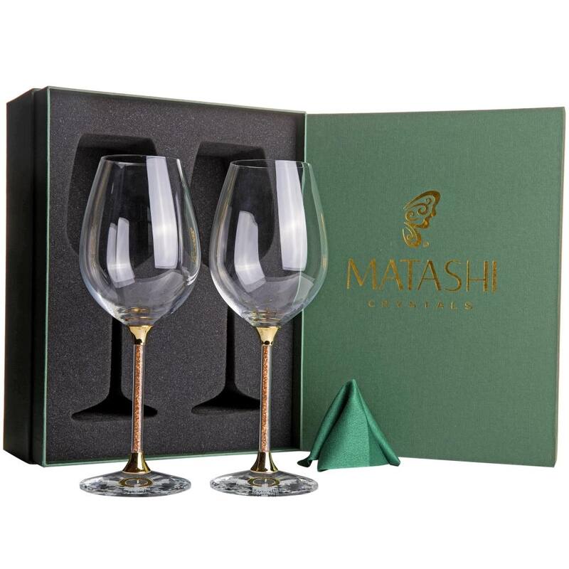 Matashi Crystal Wine Glasses Set of 2, 18.5 oz - Lead-Free Gold Crystal Filled Glassware - Wedding & Celebration Drinkware