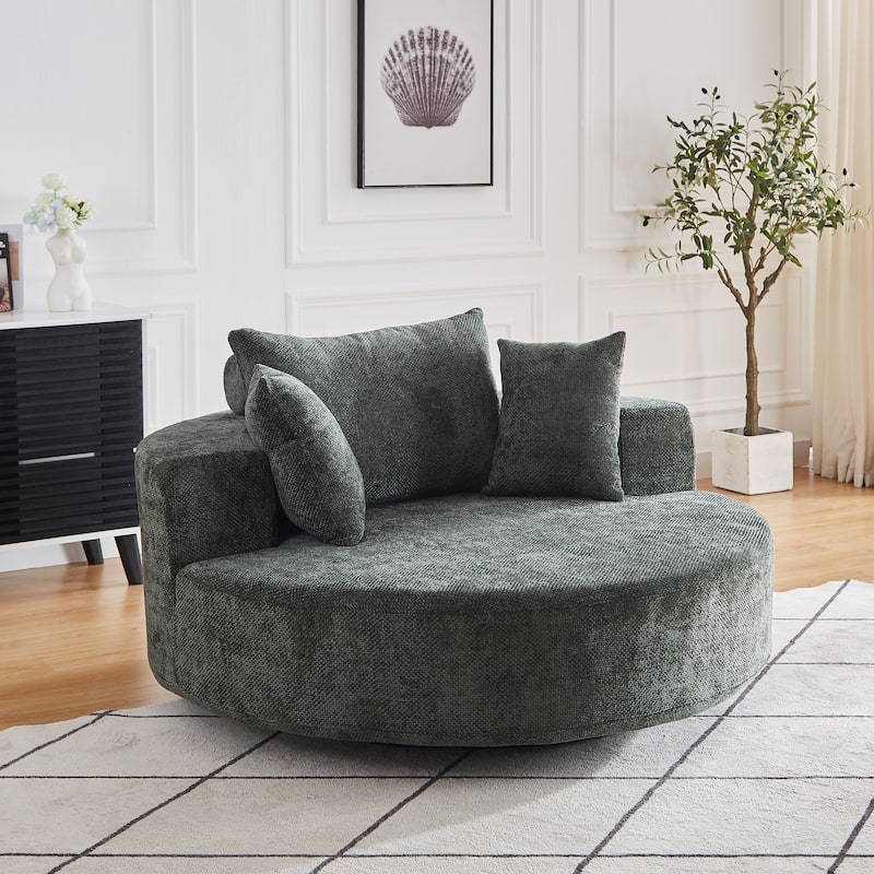 Oversized Swivel Barrel Chair, Chenille Upholstered Round Armchair, Single Sofa Chair with Headrest & 3 Cozy Pillows