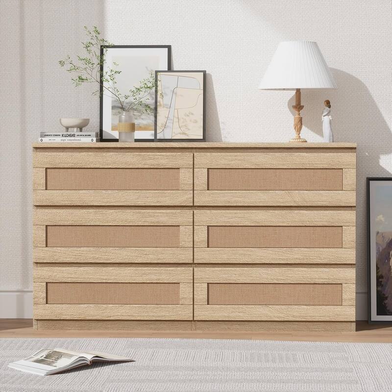 6/8 Drawer Rattan Dresser for Bedroom, Double Wood Chest of Drawers for Closet, Nightstand, TV Stand