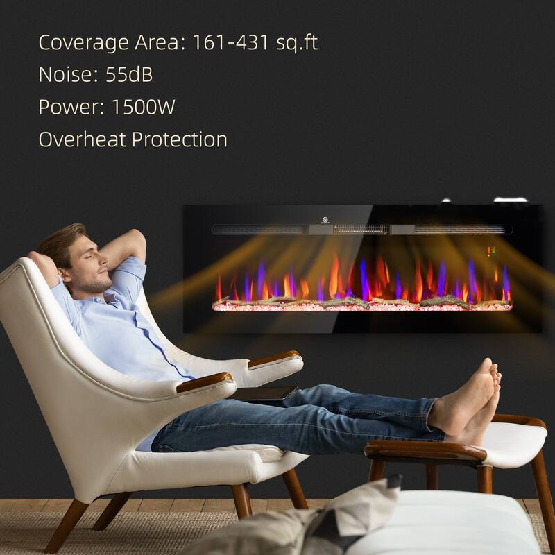 50-Inch Electric Wall Fireplace with Adjustable Heat, LED Display, and Safety Features - N/A