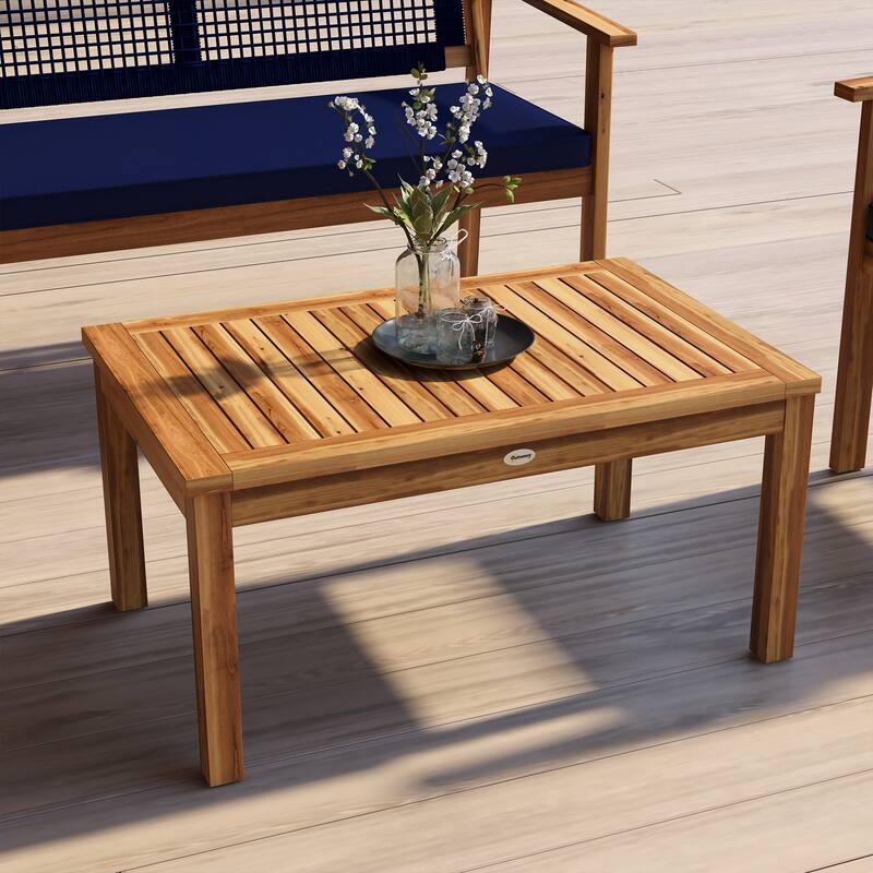 Outsunny 4 Piece Patio Conversation Set with Cushions, Acacia Wood Outdoor Furniture with Loveseat, Armchairs, Slatted Wood Top