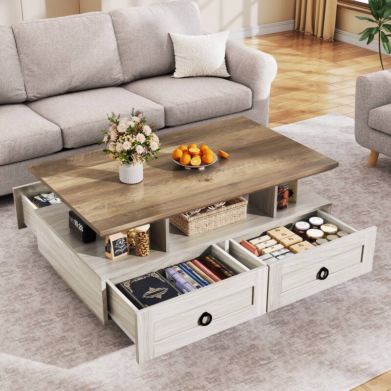 Moasis Modern Coffee Table with Storage High Glossy LED for Living Room - Walnut/Grey