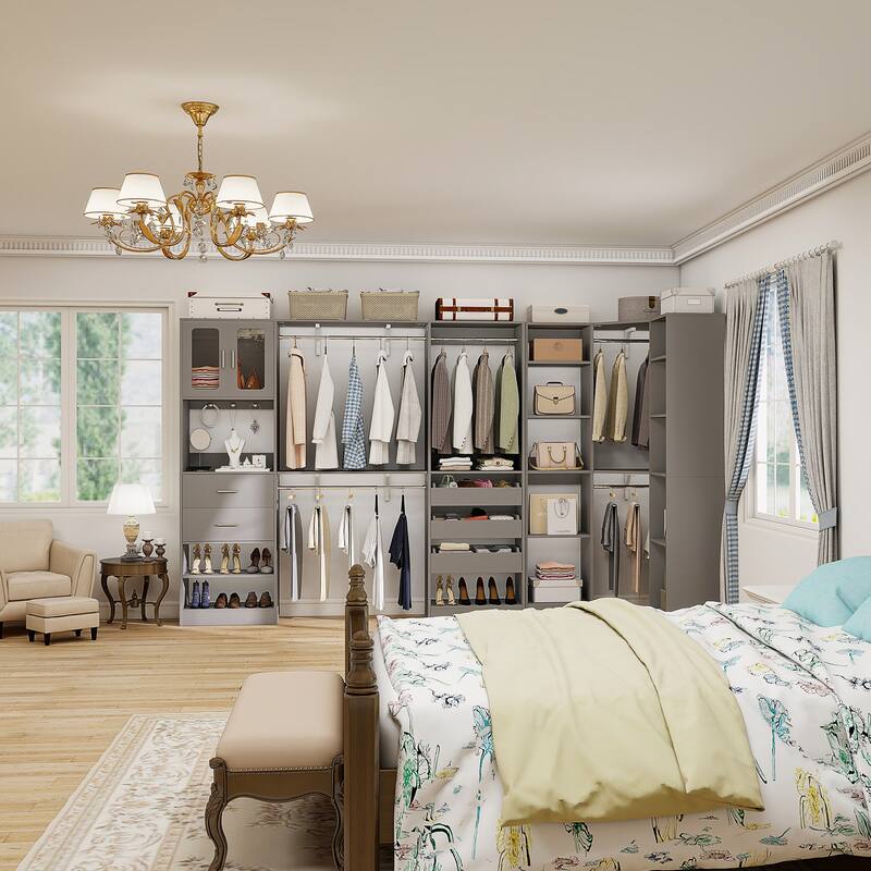 100" × 100" Closet System With Door and Wooden Drawers, Closet Organizer with 5 Hanging Rods and 20 Storage Shelves