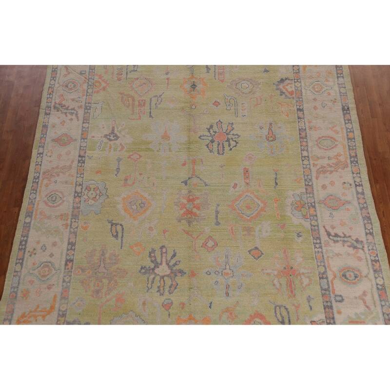 Hand Knotted Oriental 100% Wool Carpet Transitional All-Over Green Oushak Area Rug - 12' 5'' X 8' 10''
