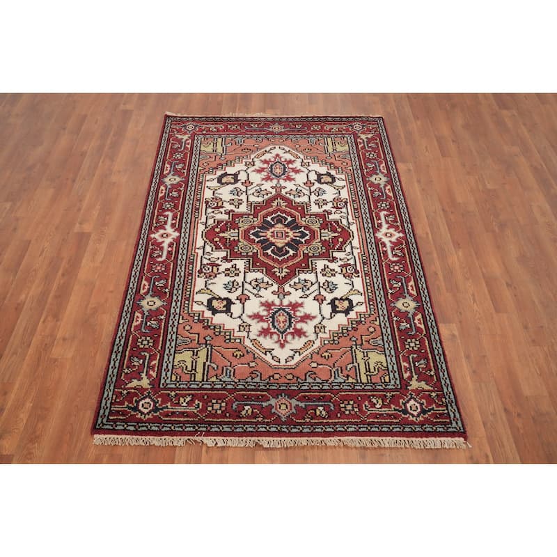Hand Knotted Oriental 100% Wool Carpet Traditional Medallion Beige & Ivories Heriz (serapi) Area Rug - 6' 1'' X 4' 0''