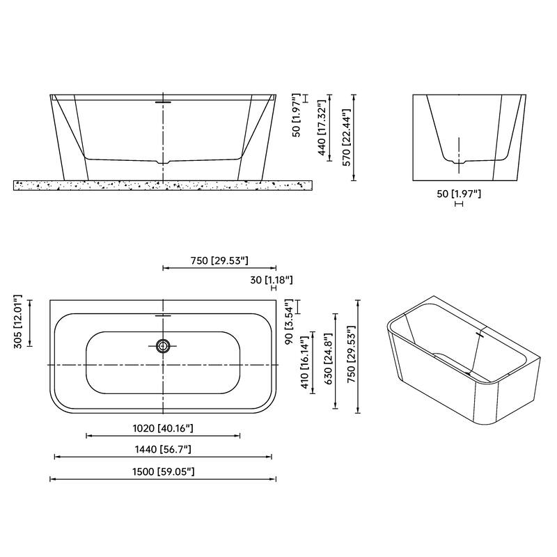 59 in. Freestanding Acrylic Soaking Bathtub, Modern Rectangular Design with Included Drainer