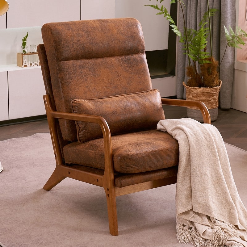 High Back Solid Wood Armrest Backrest Leisure Chair Accent Chair - Brown-Bronzing Cloth