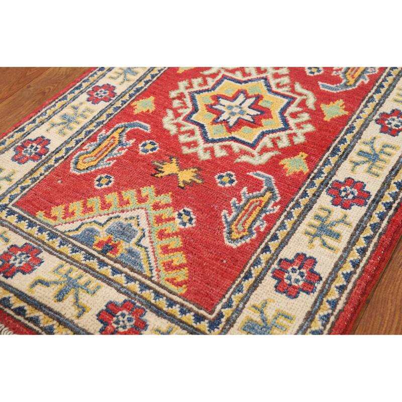 Hand Knotted Oriental 100% Wool Carpet Traditional Geometric Red Kazak Area Rug - 3' 0'' X 2' 0''