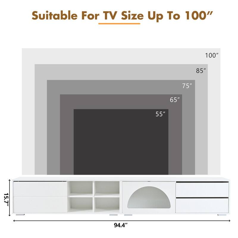 94.4" Modern TV Stand with LED Lights, Fluted Glass Doors & Drawers - Media Console for TVs Up to 100 inches