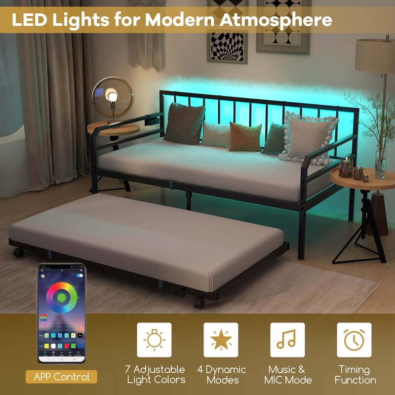 Costway Twin Size Daybed with Pop-up Trundle Charging Station & LED