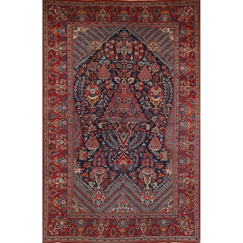 Hand Knotted Oriental 100% Wool Carpet Traditional Floral Navy Blue & Blues Isfahan Area Rug - 6' 8'' X 4' 6''