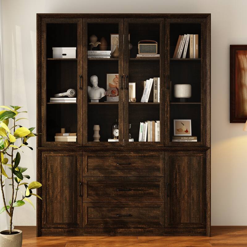 79.6" Tall Glass Display Cabinet, 6-Tier Bookshelf with Drawers Bookcae Panrty - Dark Brown