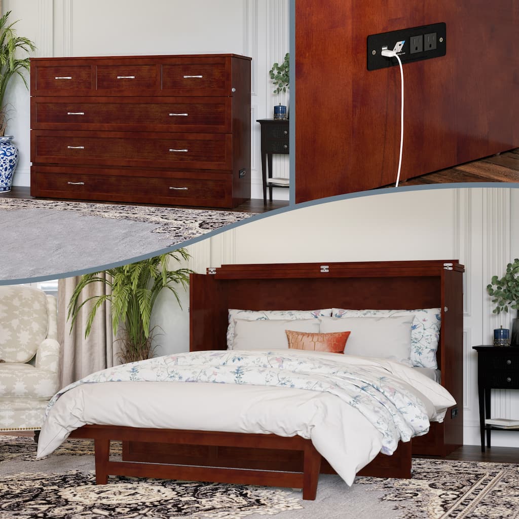 Northfield Queen Murphy Bed Chest with 6" Mattress, Storage Drawer & Built-In Charger in Walnut