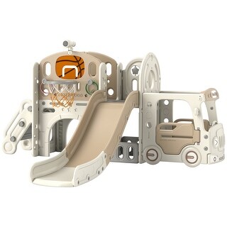 9 in 1 Toddler Slide, Car Themed Baby Slide with Basketball Hoop, Climber, Storage Space, Ring Toss, Telescope, Tunnel