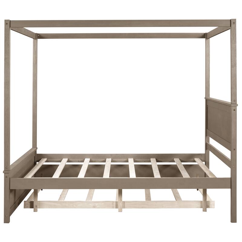 Modern Full Canopy Bed with Trundle, Solid Wood Frame, and Customizable Curtain Rails