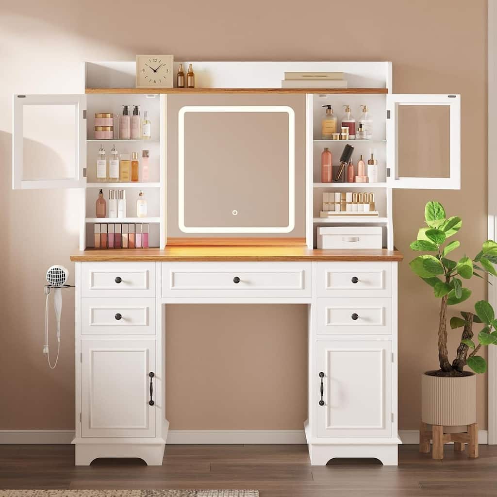 5 Drawers Vanity Desk, Makeup Vanity Table with LED Lighted Mirror