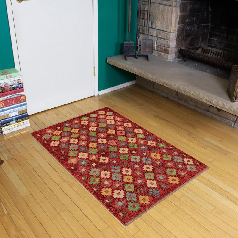 Contemporary Balochi Wise Red/Blue Hand Knotted Wool Rug - 3'3'' x 4'10''