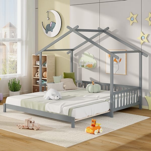 slide 2 of 30, Gymax Wooden House Bed Twin to King Daybed w/ Safety Rails & Decorable Grey