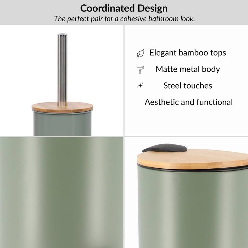 Bathroom Set with Bamboo Lid - Matte Metal Trash Can and Toilet Brush - 15.6" H x 11" L x 11" W