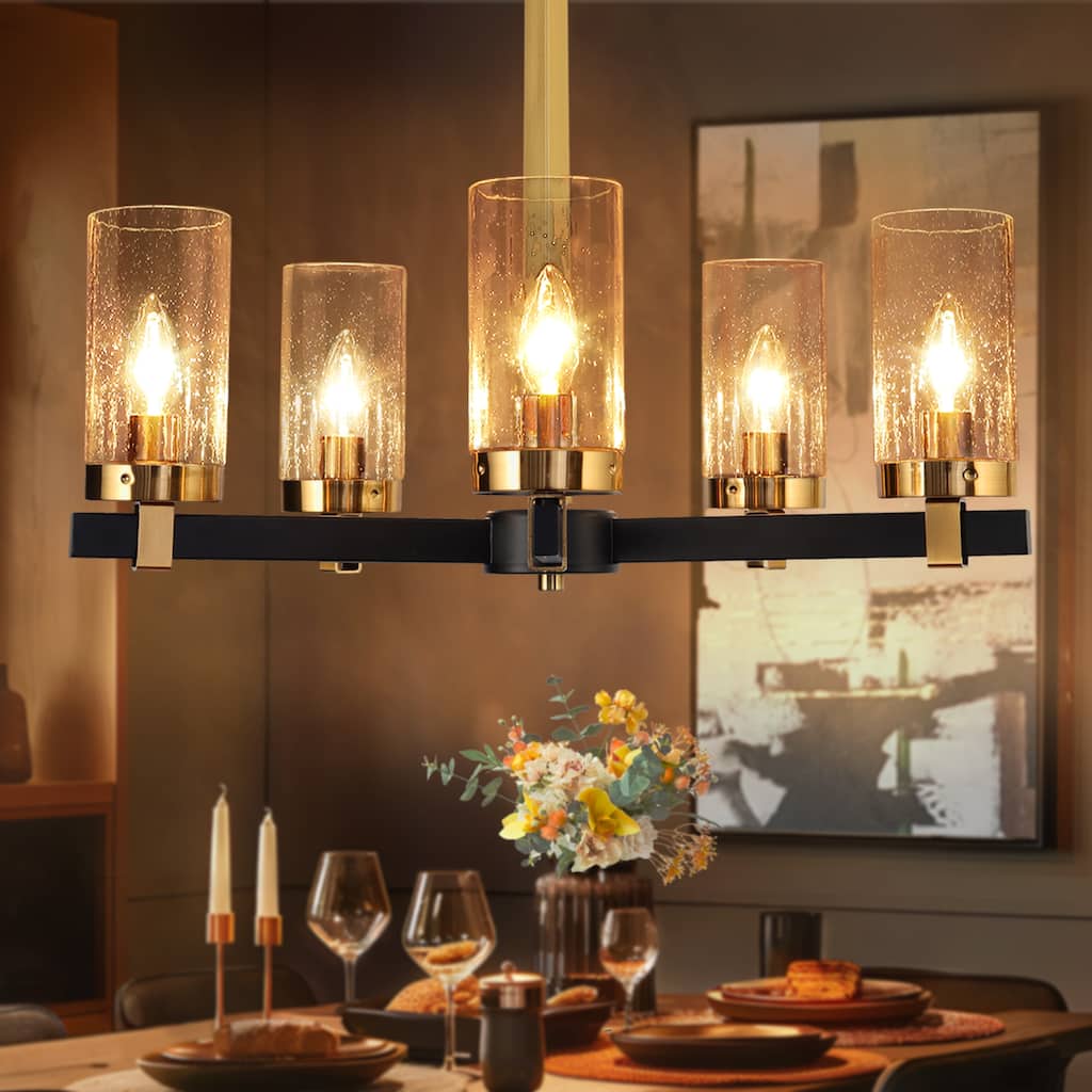 Modern Glam 5-Light Black Gold Cylinder Glass Chandelier for Dining Room - 22" W x 15" H